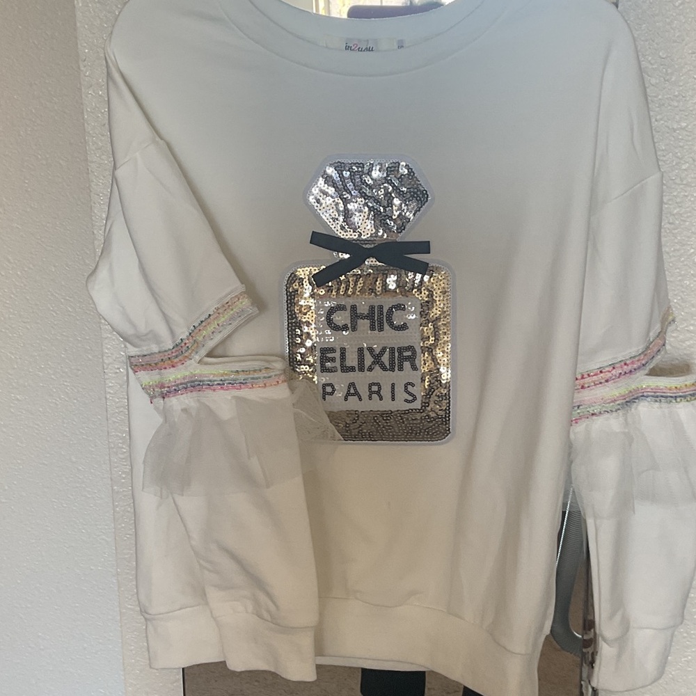 White Top with Colorful Sequin Trim